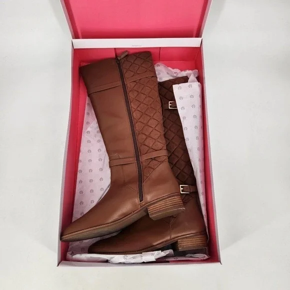 Isaac Mizrahi Live Womens Riding Boots Cognac Calf Quilted Leather Sz 11